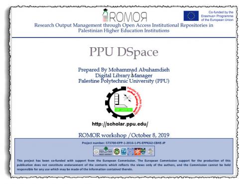 Palestine Polytechnic University (PPU) - PPU DSpace - ROMOR Workshop - On October 8, 2019 - المشاركة في ورشة عمل